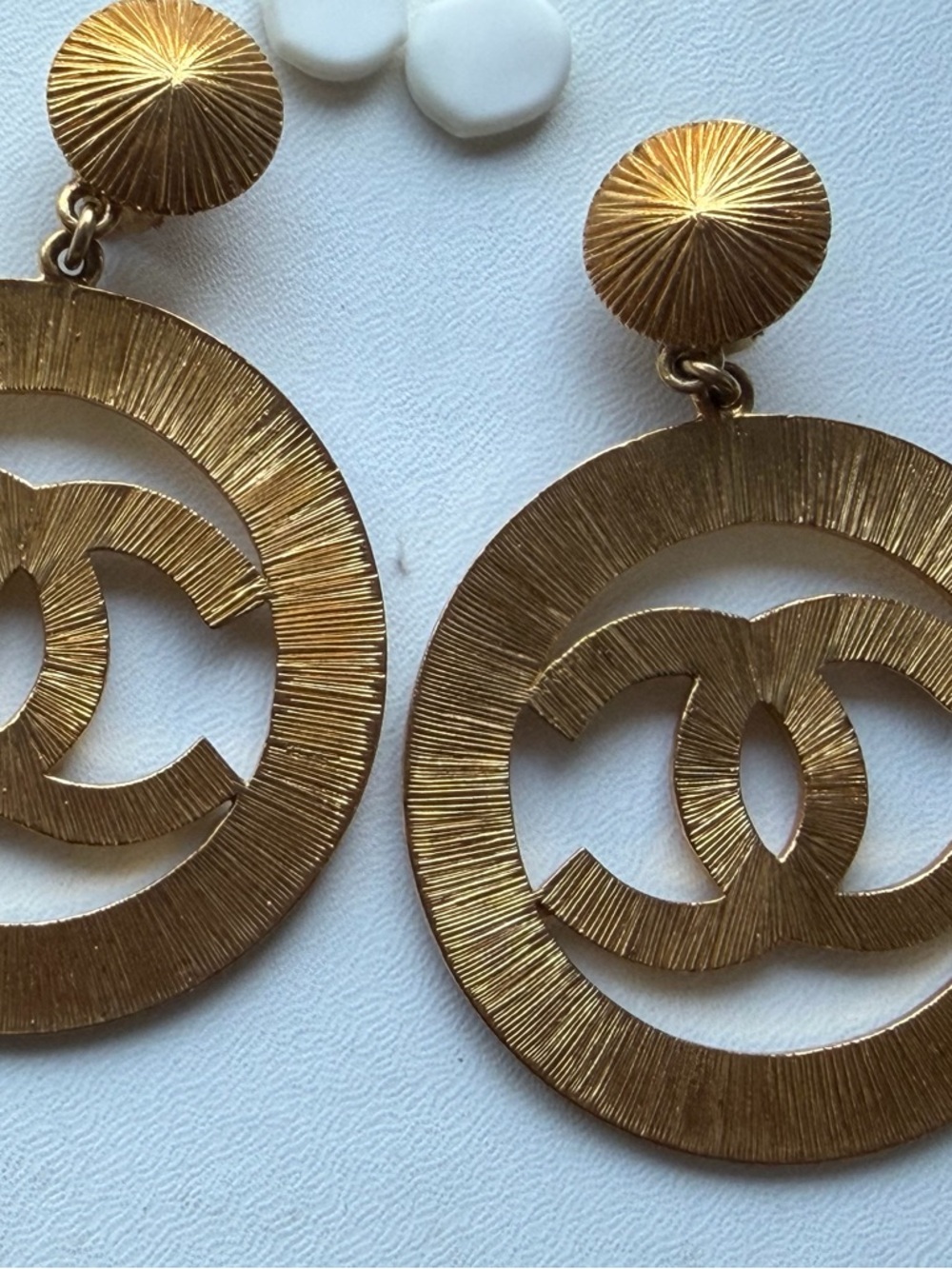 Chanel Vintage Gold Sunburst CC logo Drop Earrings